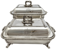 George IV Pair of Old Sheffield Plate Entree Dishes on Warming Stands. Arms of Dickson & Huntley.