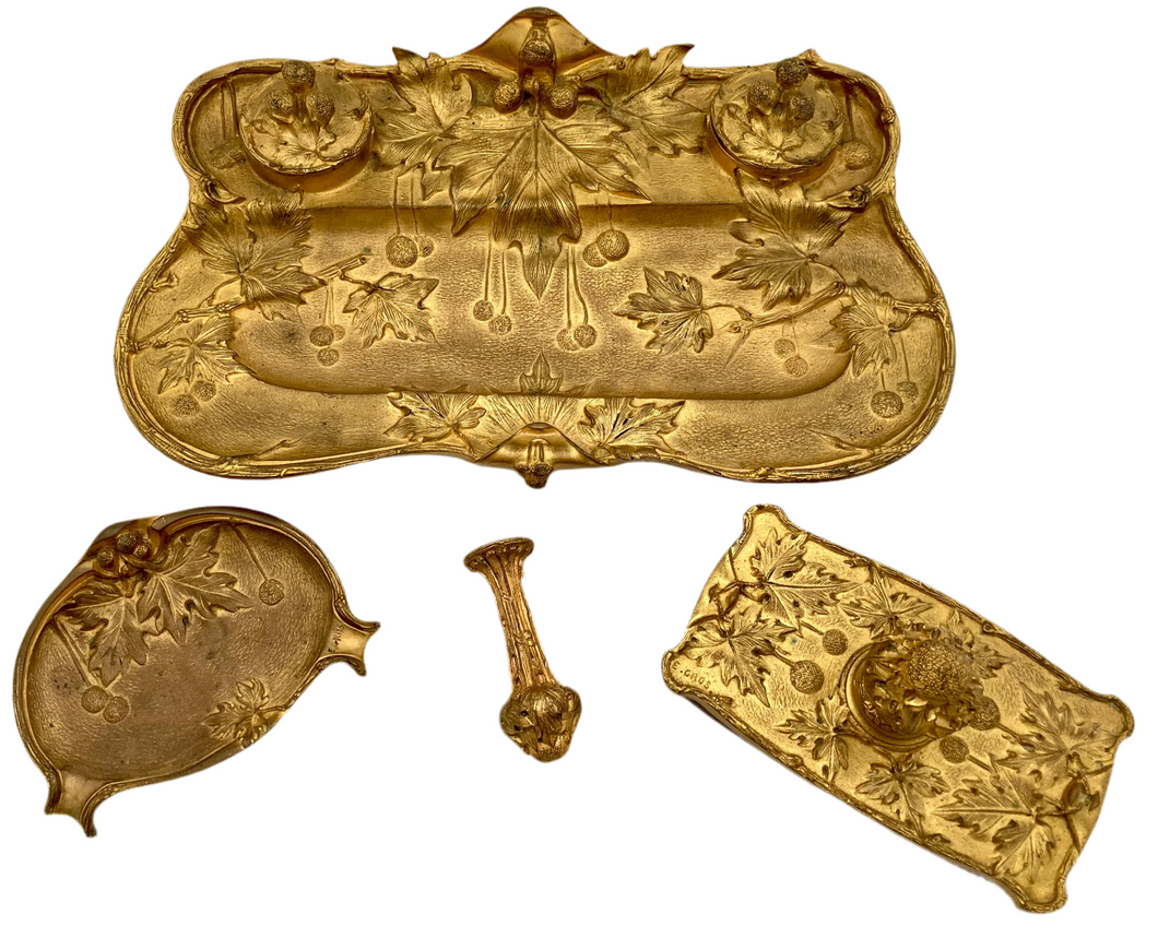 Late 19th Century French Gilt Bronze Aesthetic Desk Set, After E. Gros.