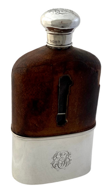 Victorian Silver and Leather Glass Hip Flask. London 1886 Moritz Wolfsky.