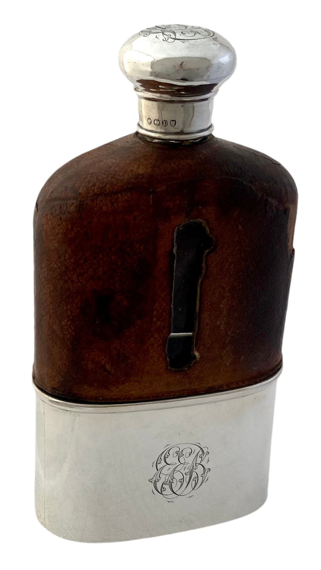 Victorian Silver and Leather Glass Hip Flask. London 1886 Moritz Wolfsky.