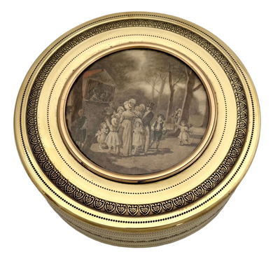 19th Century Gilt Metal Box With Inset Punch & Judy Show Print, circa 1870.