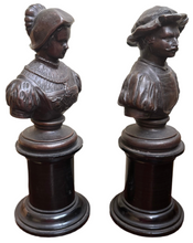Pair of Continental Bronzed Metal Library Busts Depicting A Renaissance Period Lady & Gentleman.