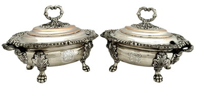 George IV Pair of Old Sheffield Plate Armorial Sauce Tureens and Covers, circa 1820.