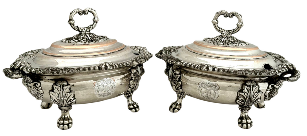 George IV Pair of Old Sheffield Plate Armorial Sauce Tureens and Covers, circa 1820.