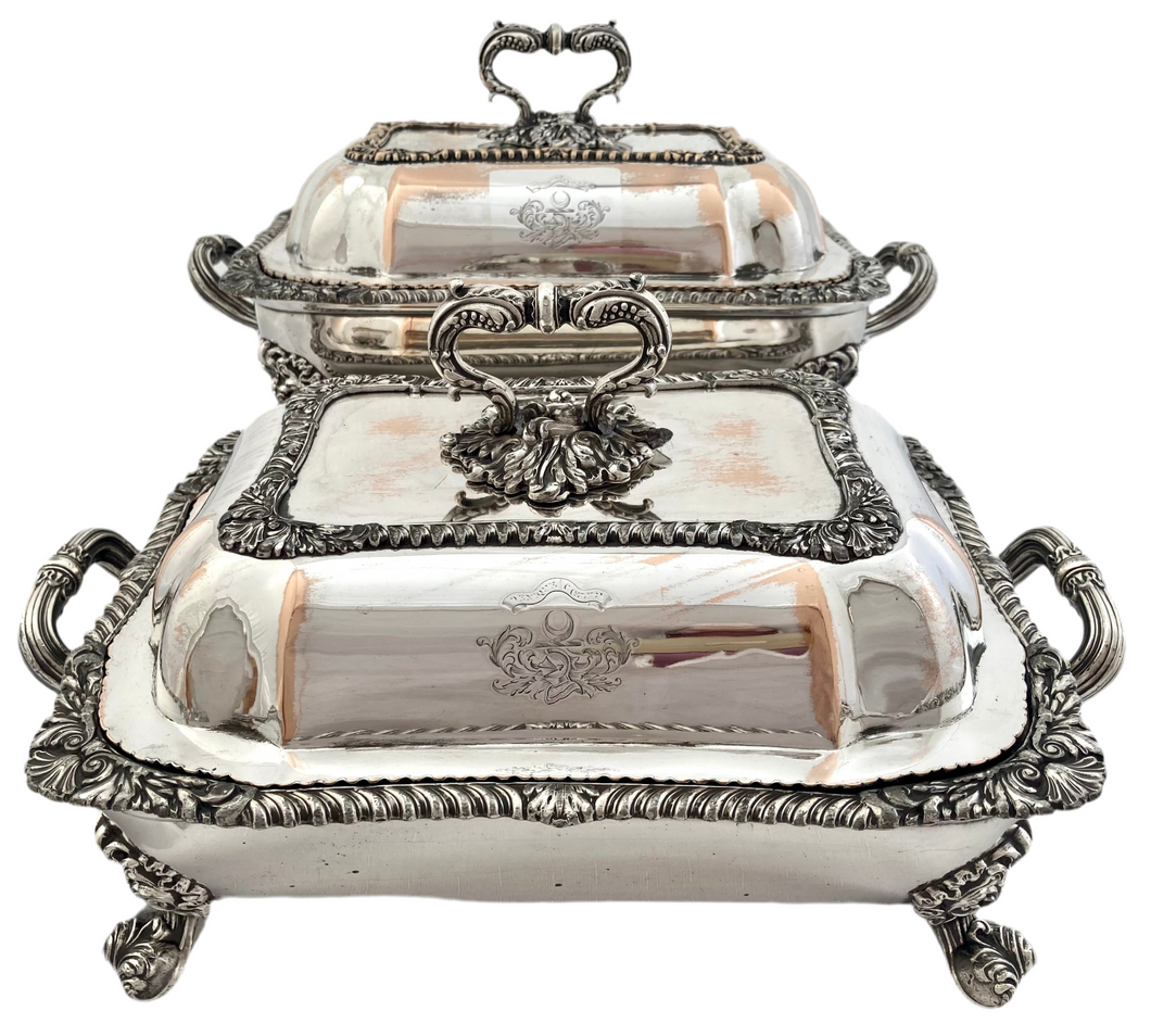 Late Georgian Pair of Old Sheffield Plate Entree Dishes on Warming Stands. D&G Holy & Co. Sheffield.