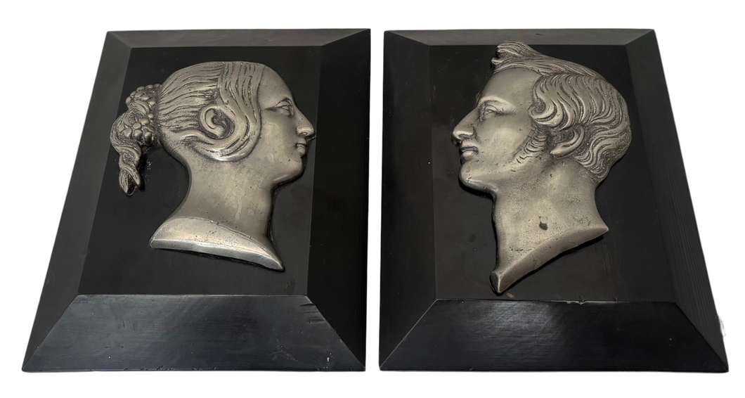 Queen Victoria and Prince Albert, a Pair of 19th Century Silvered Metal Portrait Profile Busts.
