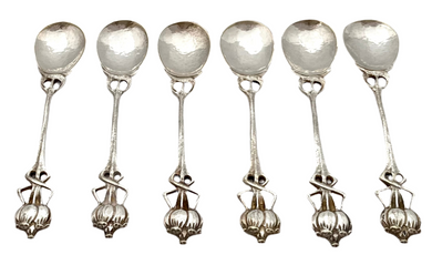 Six Arts & Crafts Coffee Spoons with Entrelac Stems & Seed Pod Terminals.