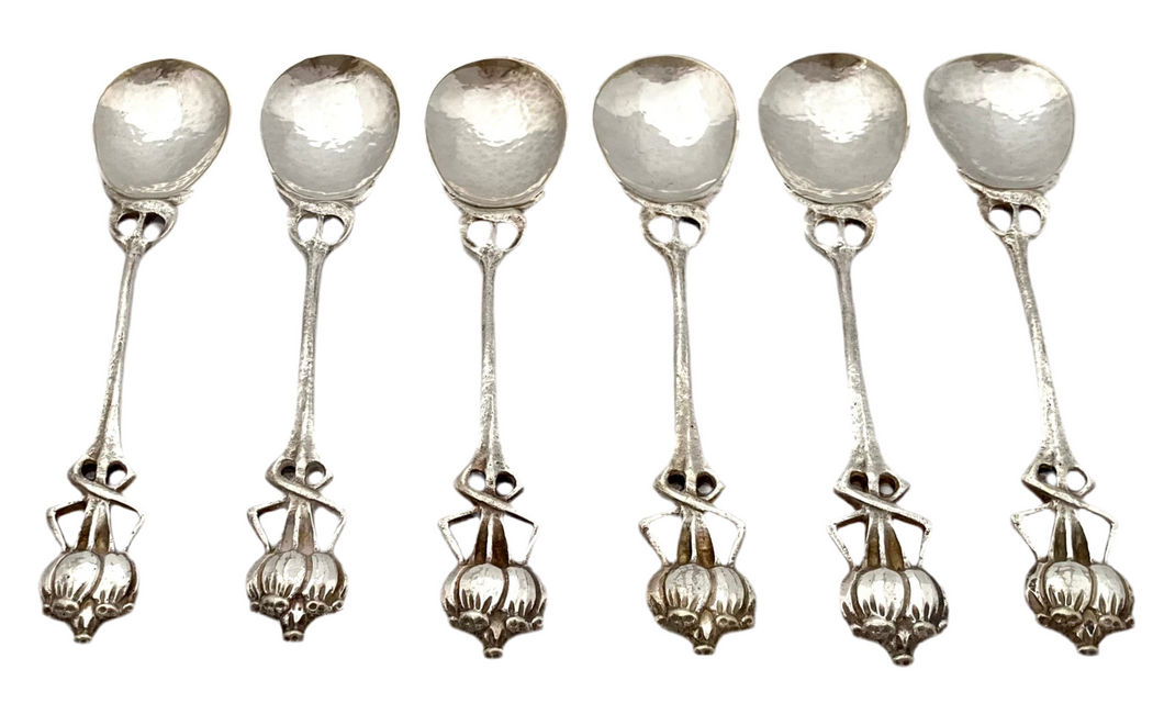 Six Arts & Crafts Coffee Spoons with Entrelac Stems & Seed Pod Terminals.