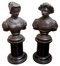 Pair of Continental Bronzed Metal Library Busts Depicting A Renaissance Period Lady & Gentleman.