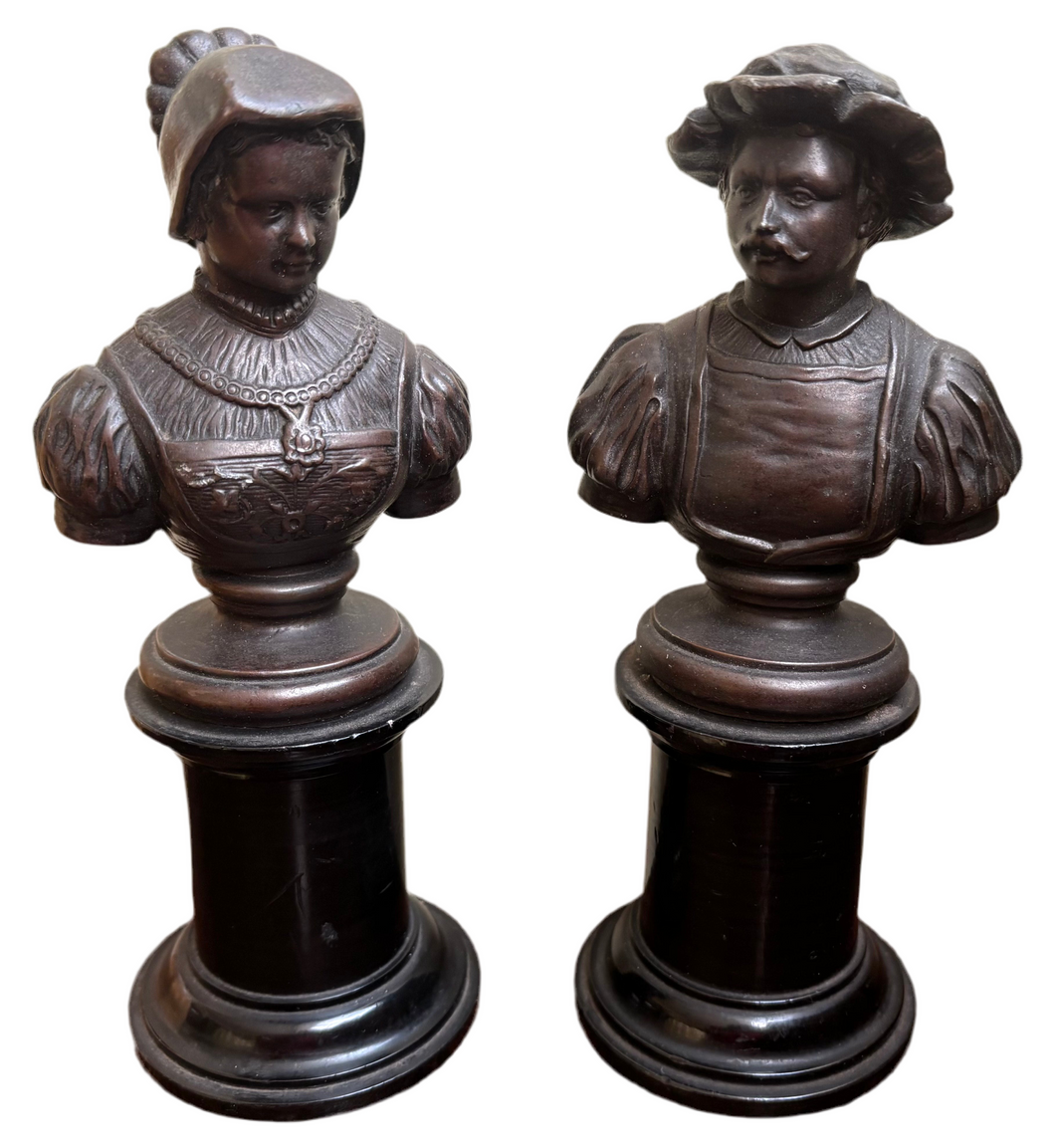 Pair of Continental Bronzed Metal Library Busts Depicting A Renaissance Period Lady & Gentleman.