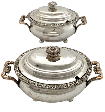 Georgian, George IV, Pair of Old Sheffield Plate Sauce Tureens. Circa 1820 - 1830.