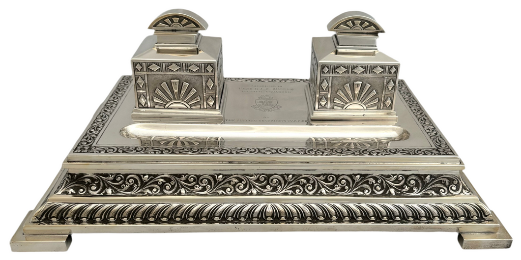 35 (Madras Presidency) Squadron RAF Indian Colonial Silver Inkstand. Orr Silver, Madras. 46.6 troy ounces.