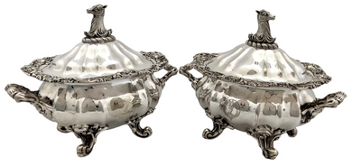 Victorian Pair of Silver Plated Mask Head Sauce Tureens. Birmingham, G.R. Collis & Co., circa 1860.