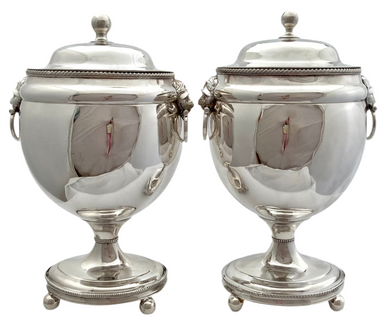 George III Pair of Old Sheffield Plate Lion Mask Covered Urns. Circa 1810 - 1820.