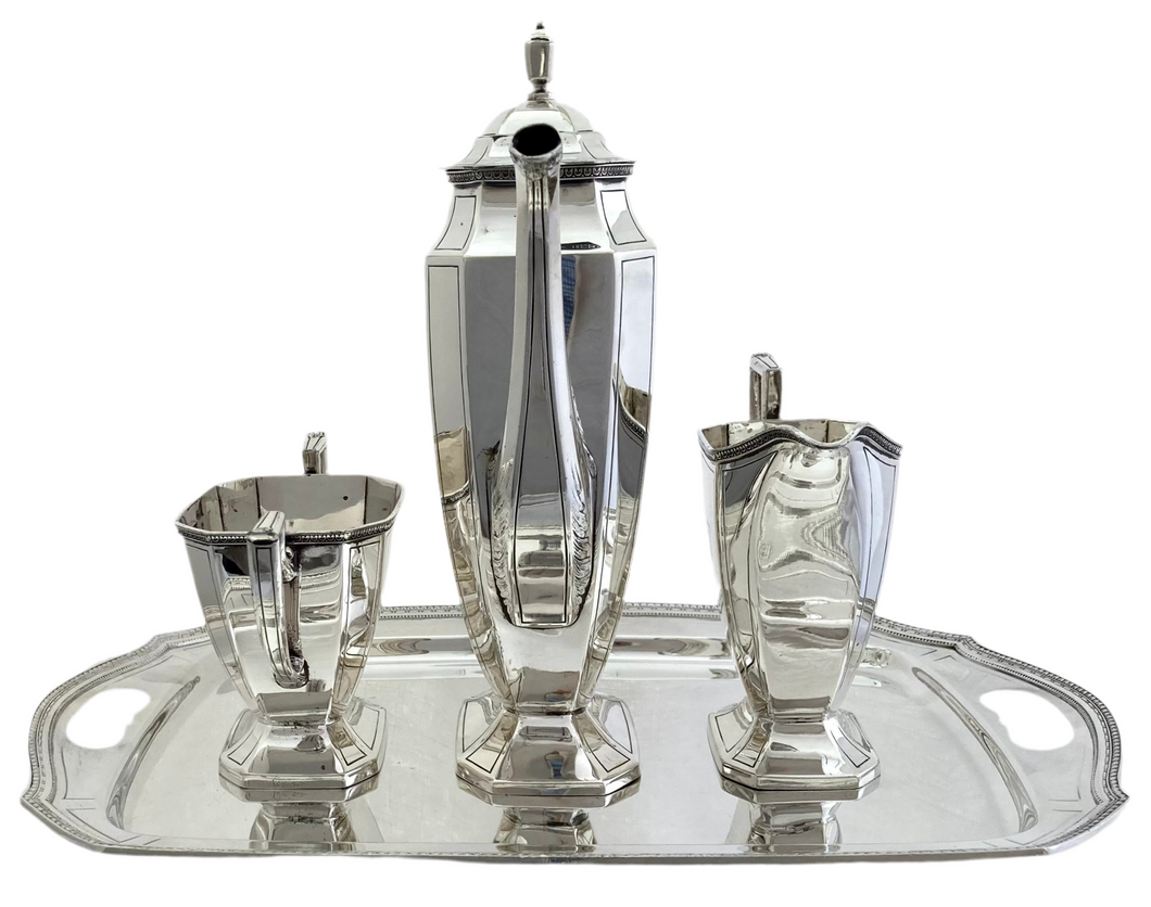 Art Deco Silver Plated Bachelor's Coffee Set. Pairpoint of Bedford, Massachusetts. Circa 1930.