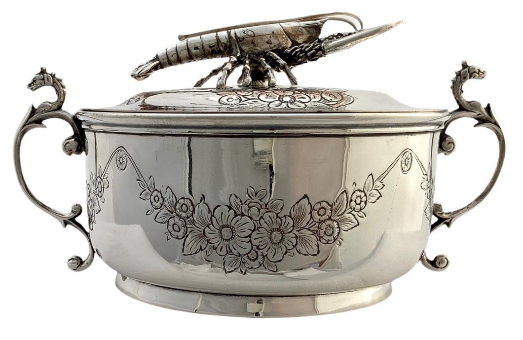 Lobster Bisque Silver Plated Covered Bowl.