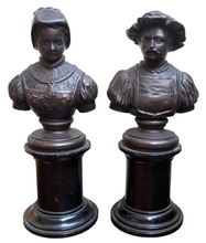 Pair of Continental Bronzed Metal Library Busts Depicting A Renaissance Period Lady & Gentleman.