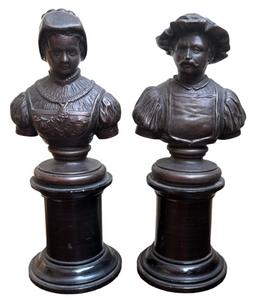 Pair of Continental Bronzed Metal Library Busts Depicting A Renaissance Period Lady & Gentleman.
