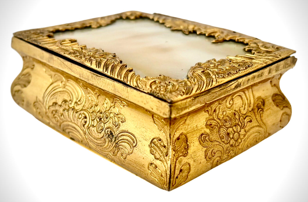 Ornate Gilt Metal & Mother of Pearl Table Snuff Box, Circa 1840.