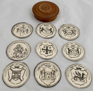 19th Century Boxwood Counter Box Enclosing Nine Armorial Watercolour Roundels.