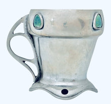 Arts & Crafts Pewter and Ruskin Cabochon Set Mug with Open Teardrop Whiplash Handle.