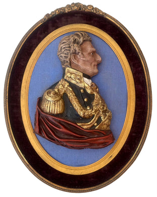 Arthur Wellesley, 1st Duke of Wellington, 19th Century Polychrome Portrait Bust Within an Oval Gilt Frame.