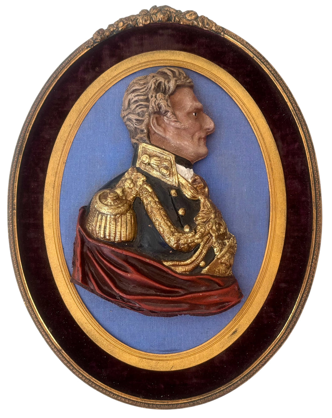 Arthur Wellesley, 1st Duke of Wellington, 19th Century Polychrome Portrait Bust Within an Oval Gilt Frame.