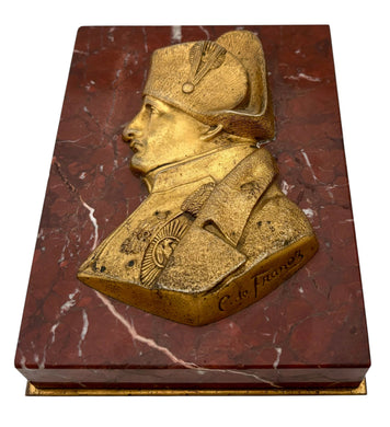 Napoleon Bonaparte Gilt Metal & Red Marble Portrait Profile Desk Weight. After François-Charles de Franoz.