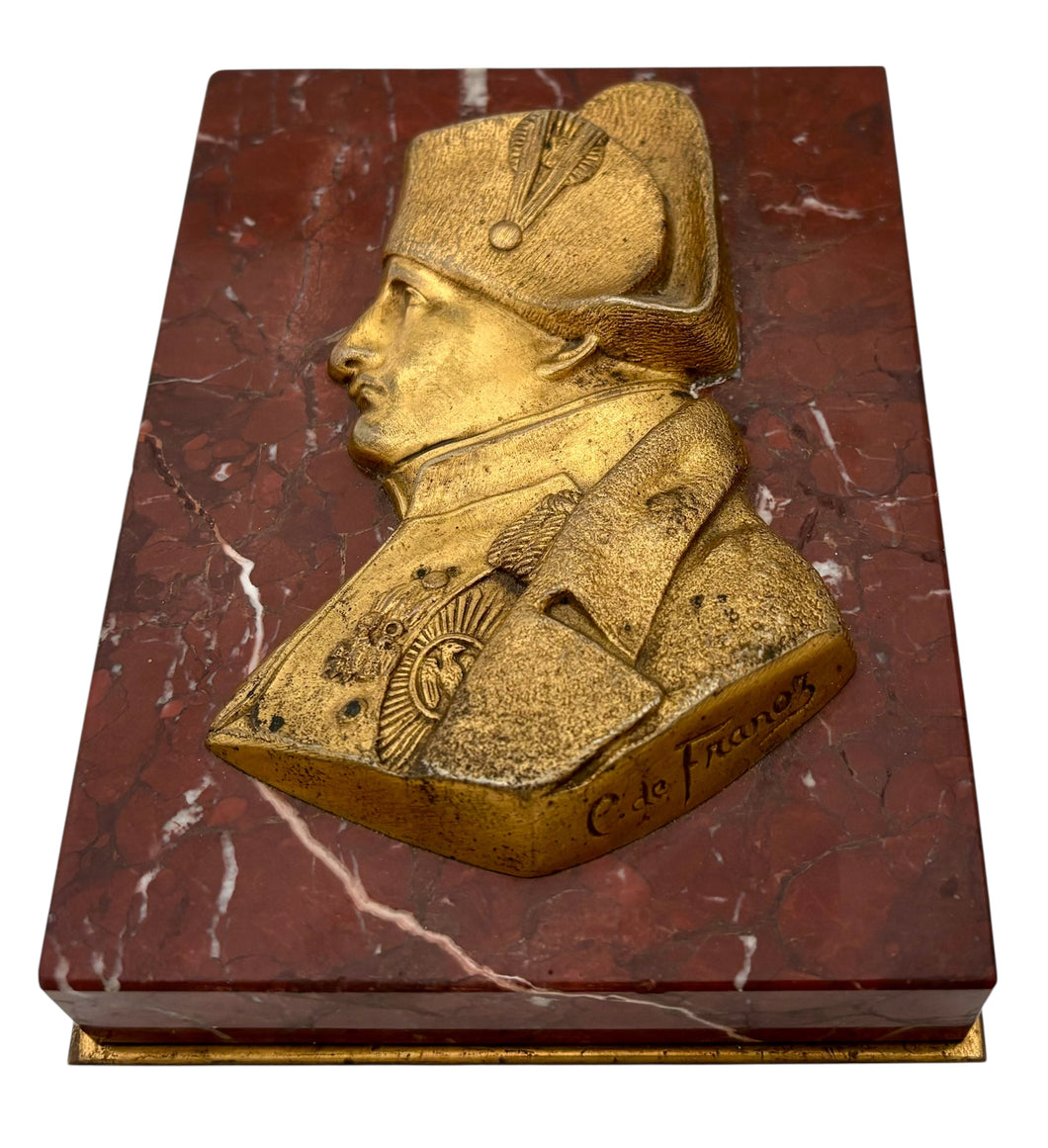 Napoleon Bonaparte Gilt Metal & Red Marble Portrait Profile Desk Weight. After François-Charles de Franoz.