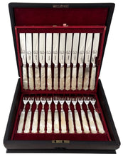 William IV Cased Set of Crested Silver and Carved Mother of Pearl Dessert Knives & Forks for Twelve. Sheffield 1831 George Hardisty.