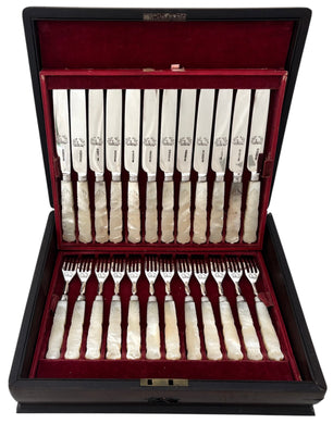 William IV Cased Set of Crested Silver and Carved Mother of Pearl Dessert Knives & Forks for Twelve. Sheffield 1831 George Hardisty.