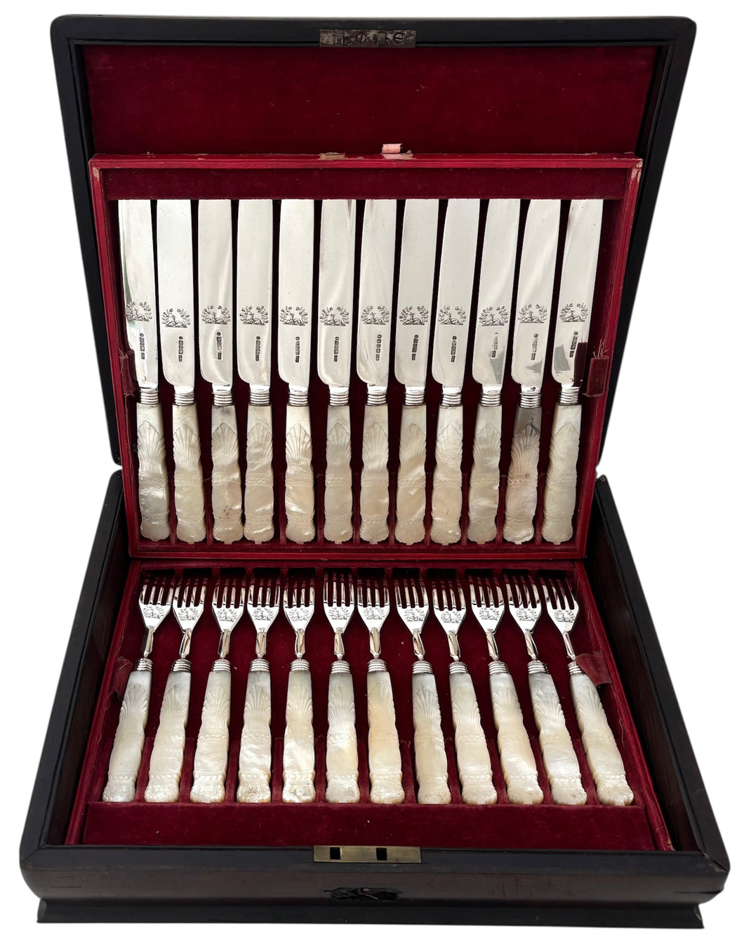 William IV Cased Set of Crested Silver and Carved Mother of Pearl Dessert Knives & Forks for Twelve. Sheffield 1831 George Hardisty.