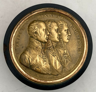 The Napoleonic Wars & The Holy Alliance, A Gilt Metal Portrait Profile Horn Snuff Box.