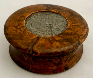 Duke of Wellington Portrait Profile Burr Wood & Horn Snuff Box, circa 1850.