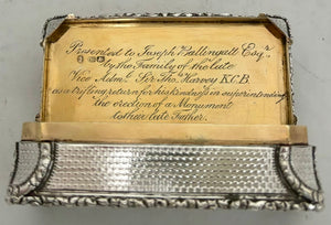 Vice Admiral Sir Thomas Harvey KCB, William IV Silver Snuff Box. Birmingham 1837 Joseph Willmore. 5.3 troy ounces.