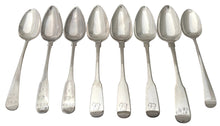 Eight George III Channel Islands Silver Tablespoons. Jacques Quesnel I, Jersey circa 1800 - 1810. 14 troy ounces.
