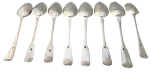 Eight George III Channel Islands Silver Tablespoons. Jacques Quesnel I, Jersey circa 1800 - 1810. 14 troy ounces.