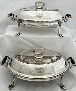 George III Pair of Old Sheffield Plate Entree Dishes on Lion Paw Feet Stands, circa 1810.