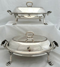 George III Pair of Old Sheffield Plate Entree Dishes on Lion Paw Feet Stands, circa 1810.