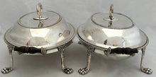 George III Pair of Old Sheffield Plate Entree Dishes on Lion Paw Feet Stands, circa 1810.