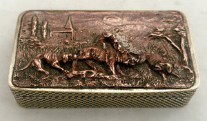 19th Century Snuff Box with Hunting Scene Copper Relief Panel.