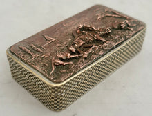 19th Century Snuff Box with Hunting Scene Copper Relief Panel.