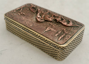 19th Century Snuff Box with Hunting Scene Copper Relief Panel.