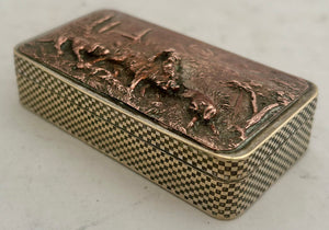 19th Century Snuff Box with Hunting Scene Copper Relief Panel.