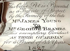 Georgian, George IV, Silver Coffee Pot. London 1826 Richard Pearce & George Burrows. 21.3 troy ounces.