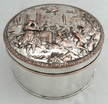 Silver Plate on Copper Biscuit Box with Neoclassical Relief Detail Cover.