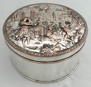 Silver Plate on Copper Biscuit Box with Neoclassical Relief Detail Cover.