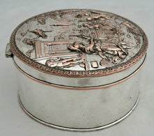 Silver Plate on Copper Biscuit Box with Neoclassical Relief Detail Cover.