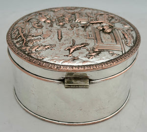 Silver Plate on Copper Biscuit Box with Neoclassical Relief Detail Cover.