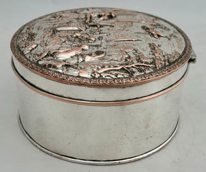 Silver Plate on Copper Biscuit Box with Neoclassical Relief Detail Cover.